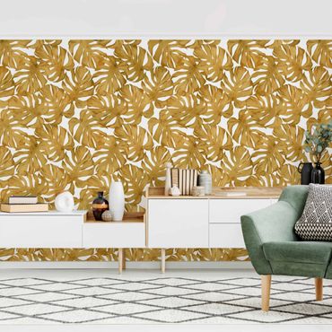 Papel de parede padrões Watercolour Monstera Leaves In Gold