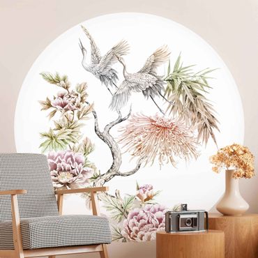 Papel de parede redondo Watercolour Storks In Flight With Flowers