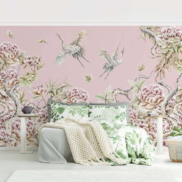 Mural de parede Watercolour Storks In Flight With Roses On Pink