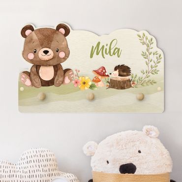 Cabide de parede infantil Watercolour Forest Animal Bear With Customised Name