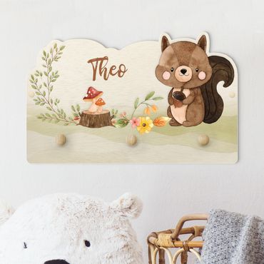 Cabide de parede infantil Watercolour Forest Animal Squirrel With Customised Name