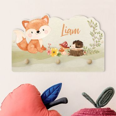 Cabide de parede infantil Watercolour Forest Animal Fox With Customised Name