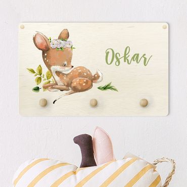 Cabide de parede infantil Watercolour Forest Animal Fawn With Customised Name