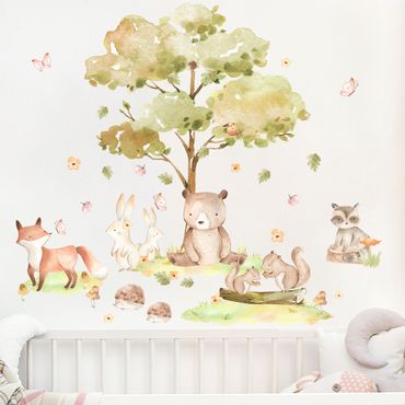 Autocolantes de parede Watercolour forest animals and autumn tree