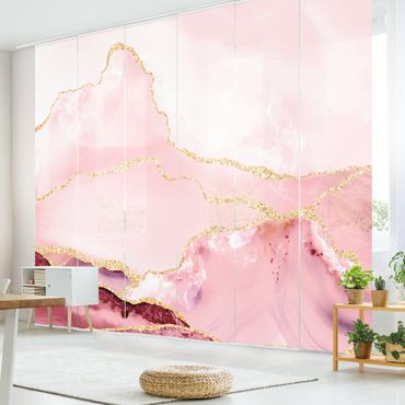 Painéis japoneses Abstract Mountains Pink With Golden Lines