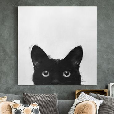 Telas decorativas Illustration Black Cat On White Painting