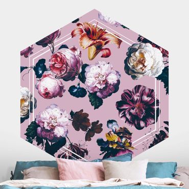 Papel de parede hexagonal Baroque Flowers With White Geometry In Pink
