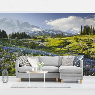 Mural de parede Mountain Meadow With Blue Flowers in Front of Mt. Rainier