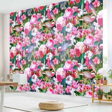 Painéis japoneses Colourful Tropical Flowers With Birds Pink