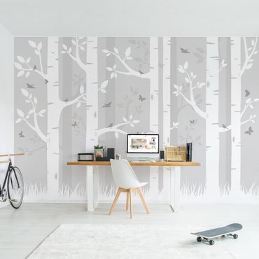 Mural de parede Birch Forest With Butterflies And Birds