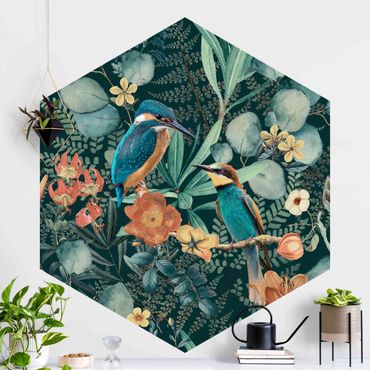 Papel de parede hexagonal Floral Paradise Kingfisher And Hummingbird
