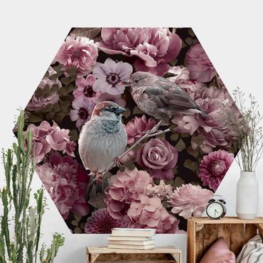 Papel de parede hexagonal Floral Paradise Sparrow In Antique Pink