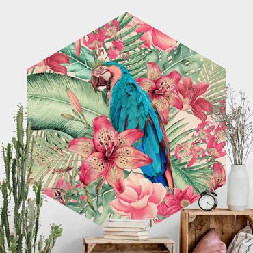 Papel de parede hexagonal Floral Paradise Tropical Parrot