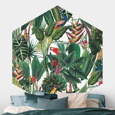 Papel de parede hexagonal Colourful Tropical Rainforest Pattern