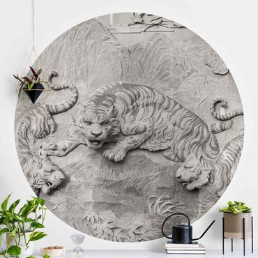 Papel de parede redondo Chinoiserie Tiger In Stone Look
