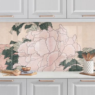 Backsplash de cozinha Katsushika Hokusai - Pink Peonies With Butterfly