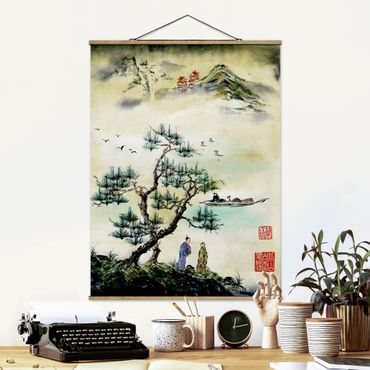 Quadros em tecido Japanese Watercolour Drawing Pine And Mountain Village