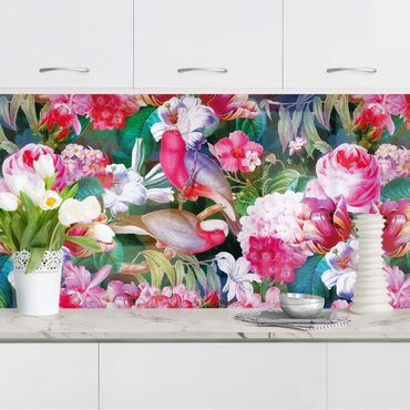 Backsplash de cozinha Colourful Tropical Flowers With Birds Pink