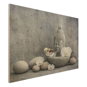 Quadros em madeira Zen Buddha, Orchid And Stone