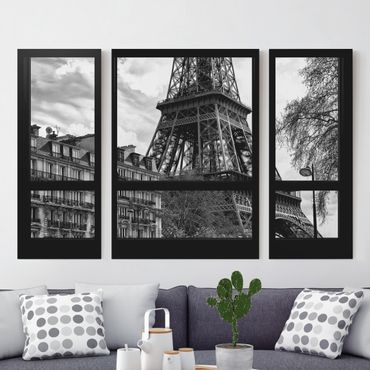 Telas decorativas 3 partes Window view Paris - Near the Eiffel Tower black and white