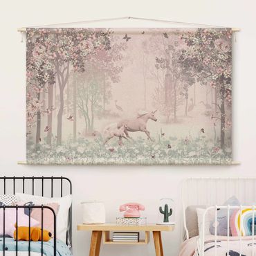 Tapeçaria de parede Unicorn On Flowering Meadow In Pink