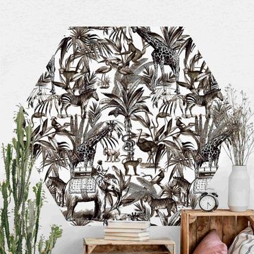 Papel de parede hexagonal Elephants Giraffes Zebras And Tiger Black And White With Brown Tone