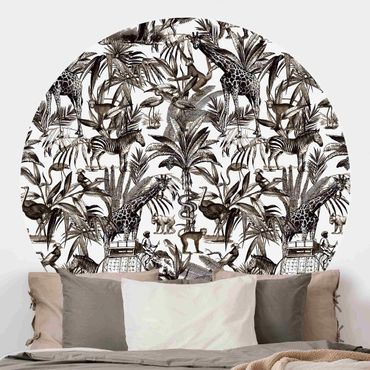 Papel de parede redondo Elephants Giraffes Zebras And Tiger Black And White With Brown Tone