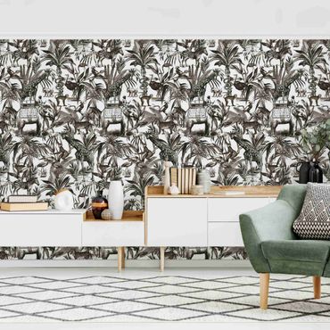 Papel de parede padrões Elephants Giraffes Zebras And Tiger Black And White With Brown Tone