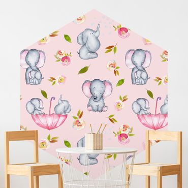 Papel de parede hexagonal Elephant With Flowers In Front Of Pink