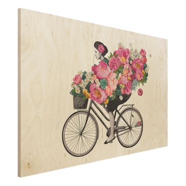Quadros em madeira Illustration Woman On Bicycle Collage Colourful Flowers
