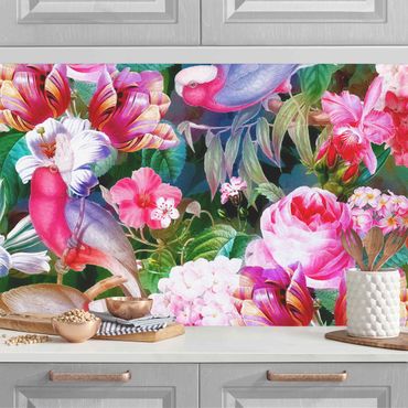 Backsplash de cozinha Colourful Tropical Flowers With Birds Pink