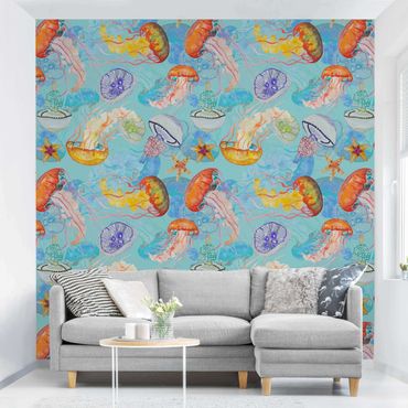 Mural de parede Colourful Jellyfish On Blue
