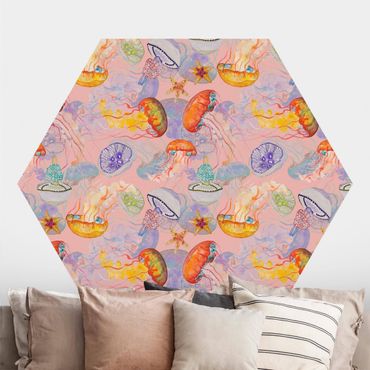 Papel de parede hexagonal Colourful Jellyfish On Pink
