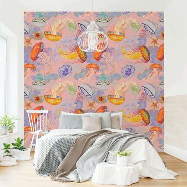 Mural de parede Colourful Jellyfish On Pink