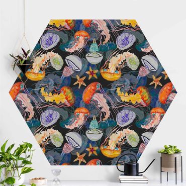 Papel de parede hexagonal Colourful Jellyfish