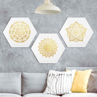 Quadros hexagonais 3 partes Mandala Flower Sun Illustration Set Gold