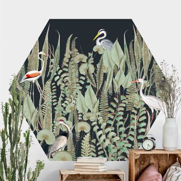 Papel de parede hexagonal Flamingo And Stork With Plants On Green