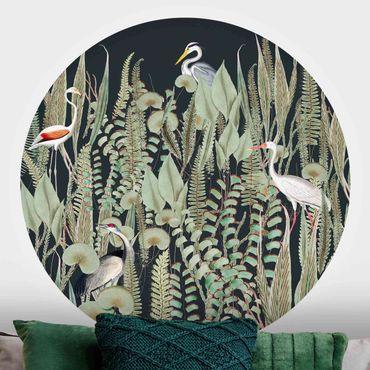 Papel de parede redondo Flamingo And Stork With Plants On Green