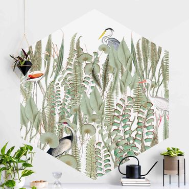 Papel de parede hexagonal Flamingo And Stork With Plants