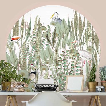 Papel de parede redondo Flamingo And Stork With Plants