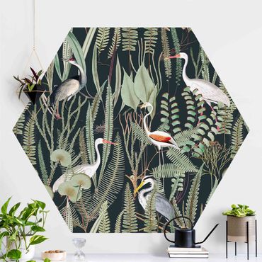 Papel de parede hexagonal Flamingos And Storks With Plants On Green