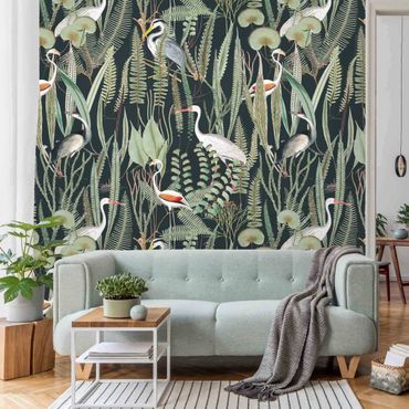 Mural de parede Flamingos And Storks With Plants On Green