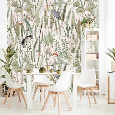Mural de parede Flamingos And Storks With Plants
