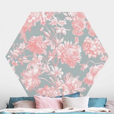 Papel de parede hexagonal Floral Copper Engraving Pink Grey