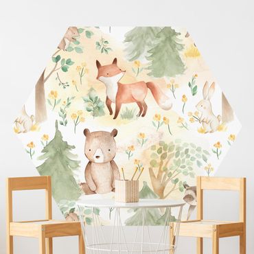 Papel de parede hexagonal Fox And Hare With Trees