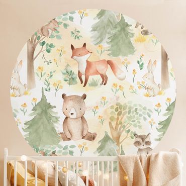 Papel de parede redondo Fox And Hare With Trees