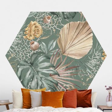 Papel de parede hexagonal Large Leaves With Roses In Front Of Green