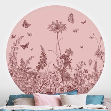 Papel de parede redondo Large Flowers With Butterflies On Pink