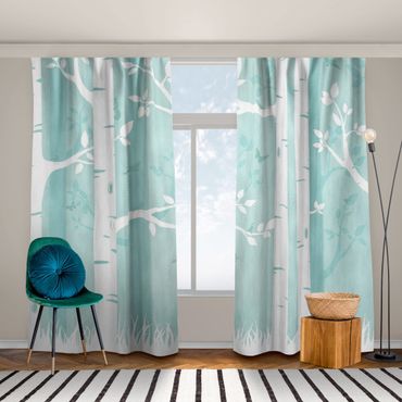 Cortinas Green Birch Forest With Butterflies And Birds