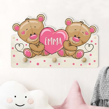 Cabide de parede infantil Heart Bears With Customised Name Pink